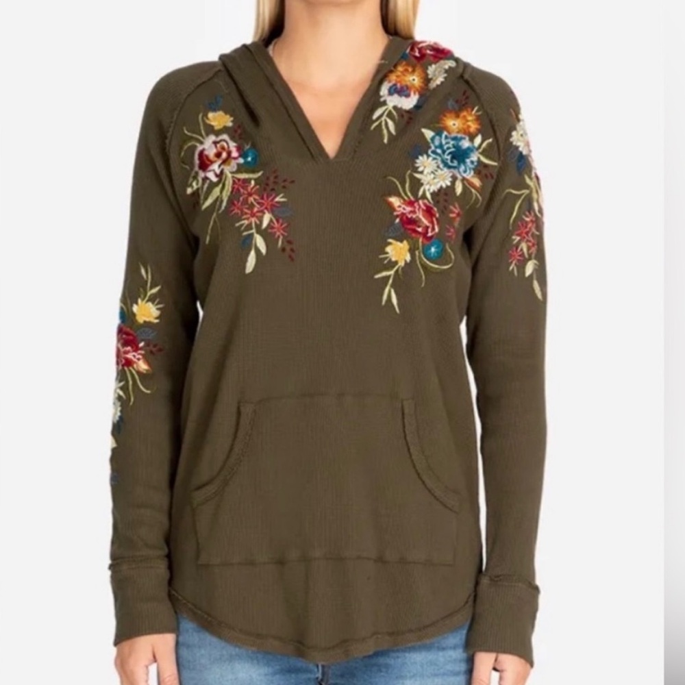 Johnny Was Isla Embroidered Floral Waffle Knit Hooded  Long Sleeve Size Medium